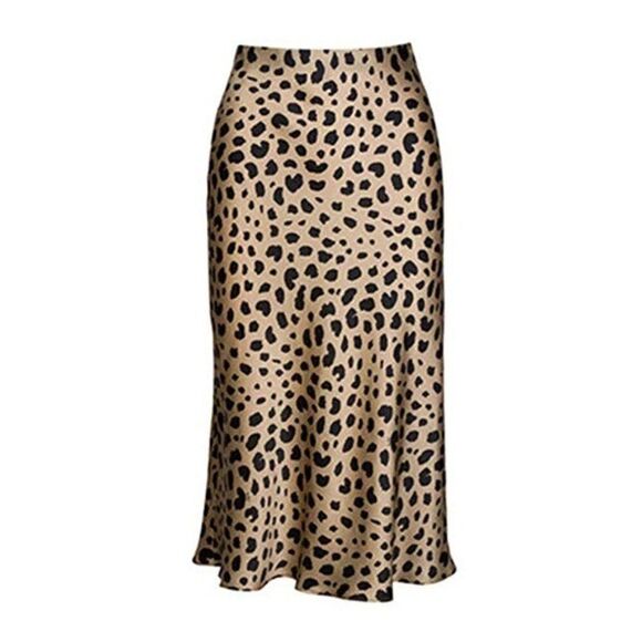 New Leopard Midi Skirt Waistband Silk Satin Skirts - Picture 2 of 8